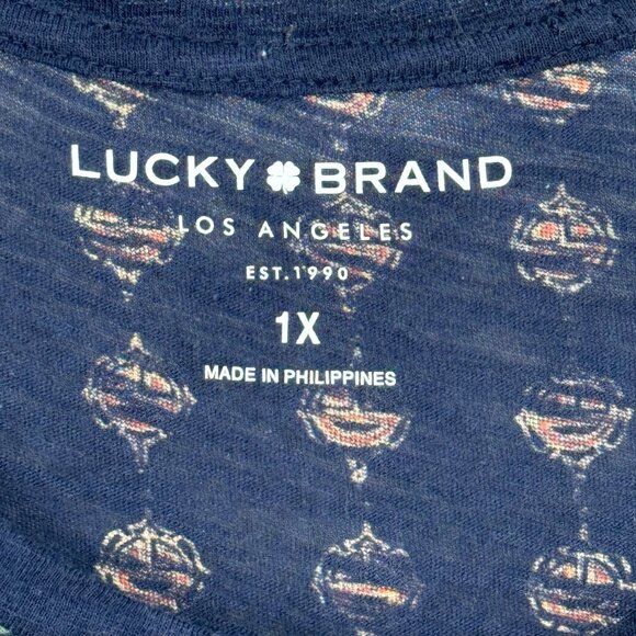 Lucky Brand Womens Boho Print Short Sleeve Top Gold blue medallion size 1X plus - Picture 6 of 13